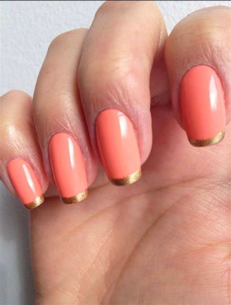 Coral Base And Gold French Tips French Tip Nail Designs Gold Tip