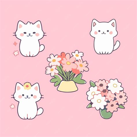 Premium Vector Cute Kawaii Flower Cat Cartoon Illustration