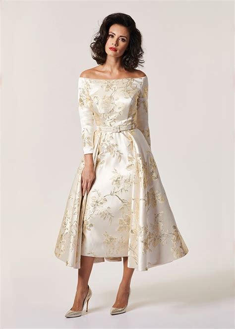 Stately 1950s Off The Shoulder Double Skirted Champagne Brocade Dress
