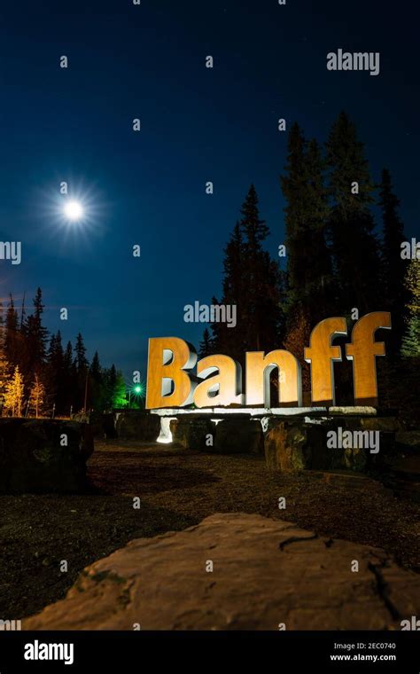 Banff Town Sign In Summer Night Banff National Park Canadian Rockies