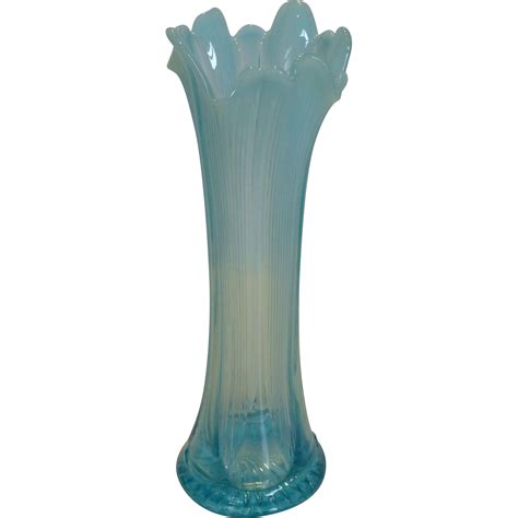 Antique 1906 Jefferson Glass Aqua Blue Opalescent Lined Heart Swung Vase Vintage Art Glass