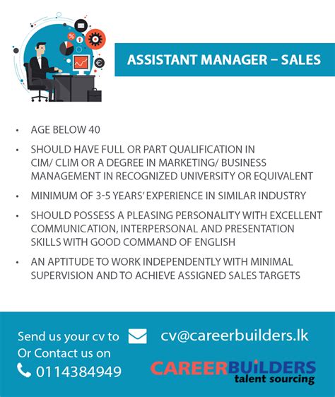 (1) store manager assistant (2) sales agent (3) store manager. Assistant Manager-sales job vacancy at Career Builders ...