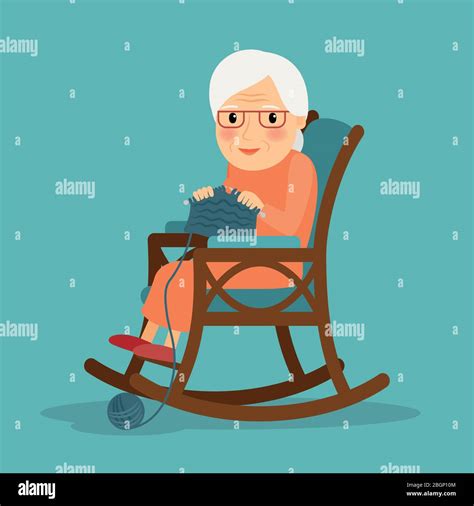 Knitting Old Woman Knits Granny Knitting In Her Rocking Chair Vector Illustration Stock
