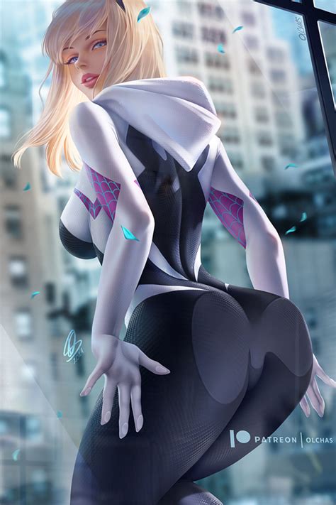 Olchas Gwen Stacy Spider Gwen Marvel Spider Man Series 1girl Against Glass Ass Ass On