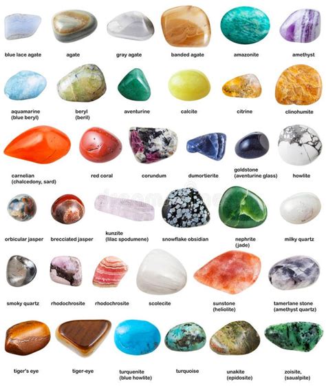 Various Tumbled Gemstones With Names Isolated On White Background