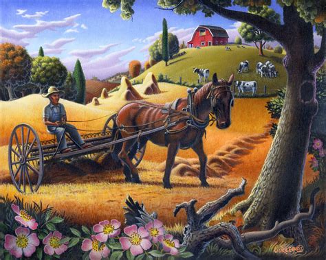 Raking Hay Field Rustic Country Farm Folk Art Landscape Painting By