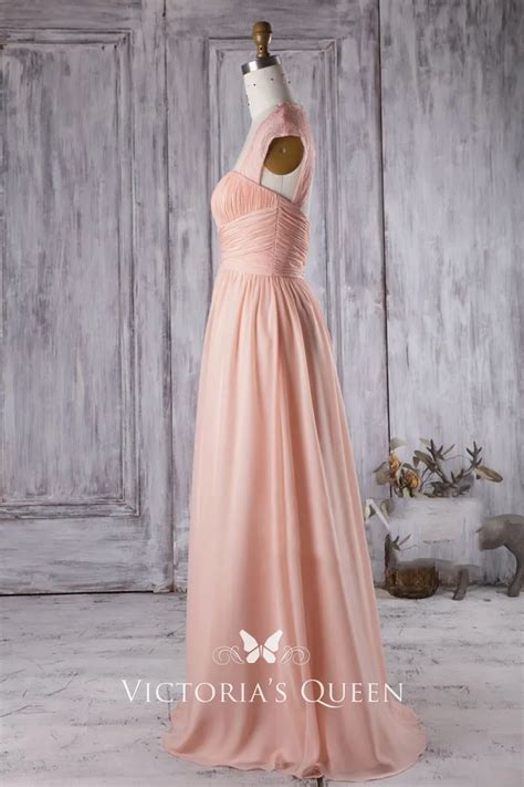 Pleated Queen Anne Neck Peach Chiffon Bridesmaid Dress Vq