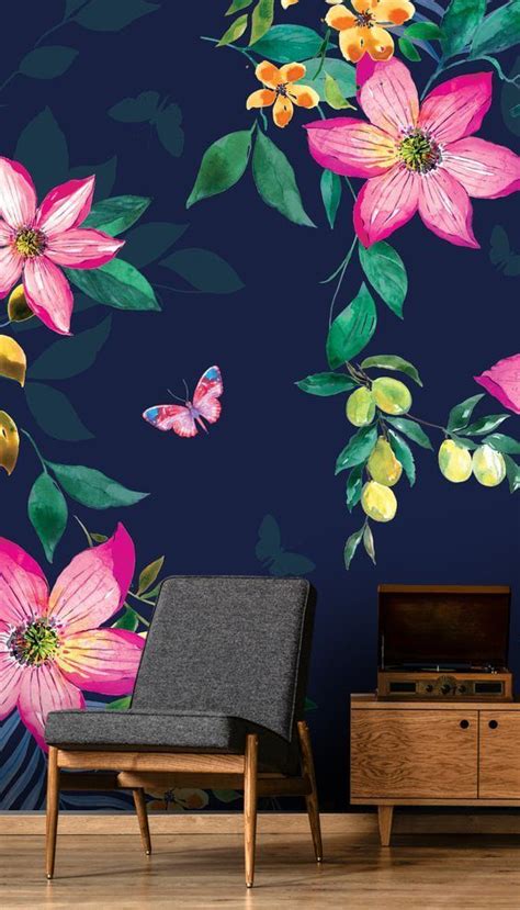 Stunning Tropical Flowers On Navy Wall Mural By Di Brookes At Wallsauce