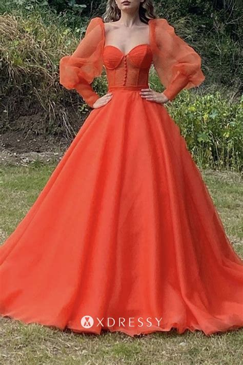 Orange Organza Corset Long Sleeves Princess Ball Gown Xdressy