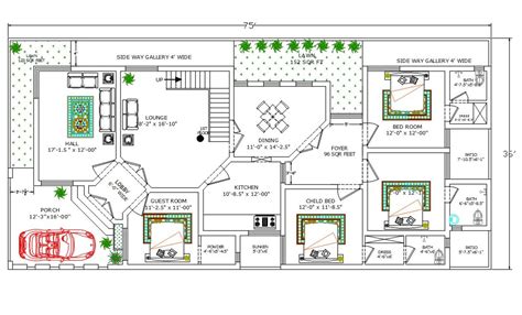 36x75 Feet Architecture House Ground Floor Plan With Furniture Layout