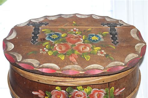 Large Vintage Staved And Bent Wood Box Folk Art Hand Painted Roses