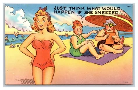 COMIC RISQUE GIRL In Bikini Shouldn T Sneeze UNP Linen Postcard S PicClick UK