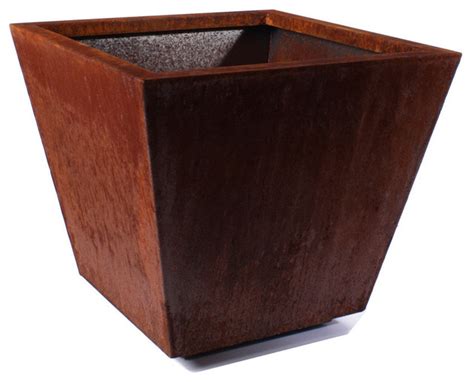 All corten steel planters are shipped in their raw steel state and will gradually develop a rich patina finish over time. Veradek Metallic Series Corten Steel Large Prism Planter ...