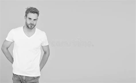 Good Looking Guy Unshaven Face Hipster With Bristle Wear White T Shirt