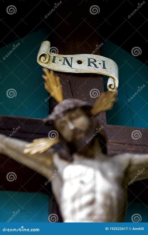 Wooden Carved Figure Of Jesus On The Cross Only The Inscription Inri