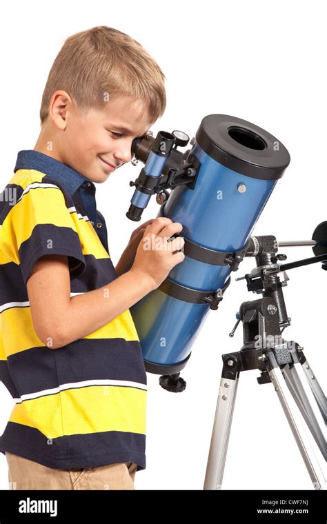 Child Looking Into Telescope Star Gazing Little Boy Isolated On A White