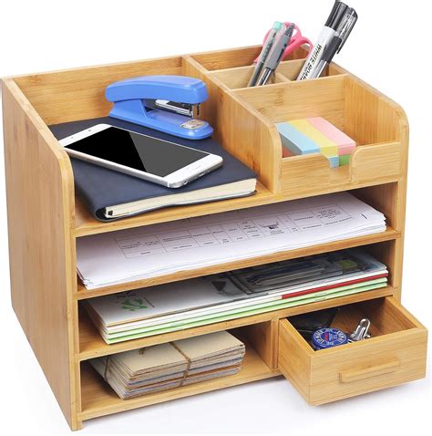 Bamboo Office Desk File Organizer With Drawer 4 Tiers