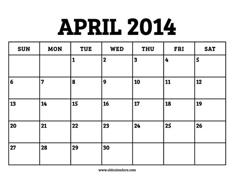 Calendar April 2014 Printable Old Calendars