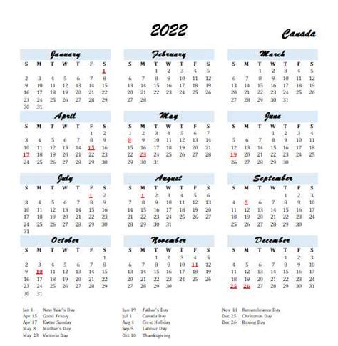 Calendar January 2022 Canada
