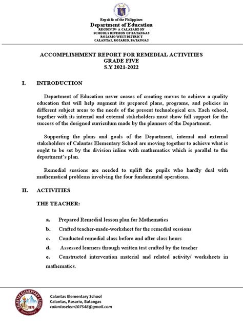 Accomplishment Report For Remedial Activities Pdf