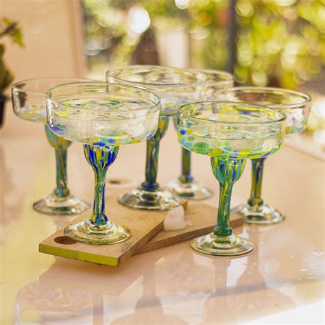 Unicef Market Colorful Recycled Glass Margarita Glasses Set Of 6 Tropical Confetti
