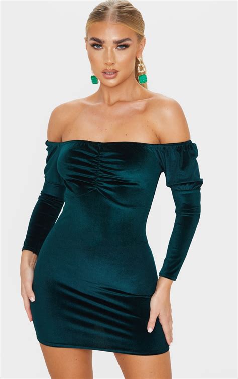Emerald Green Velvet Bardot Bodycon Dress Prettylittlething