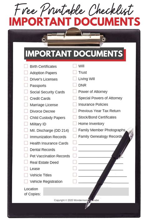 Free Printable Important Document List