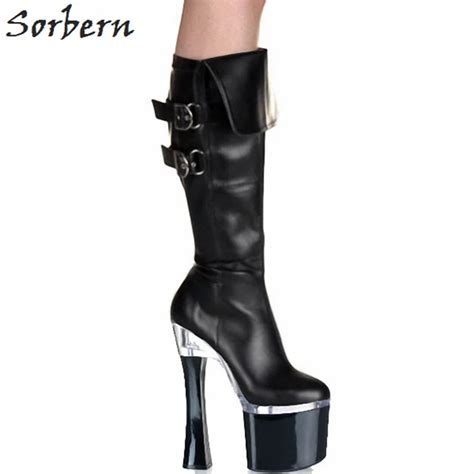 Sorbern Black Matt Pu Mid Calf Boots 18cm Chunky Heels 8cm Platform