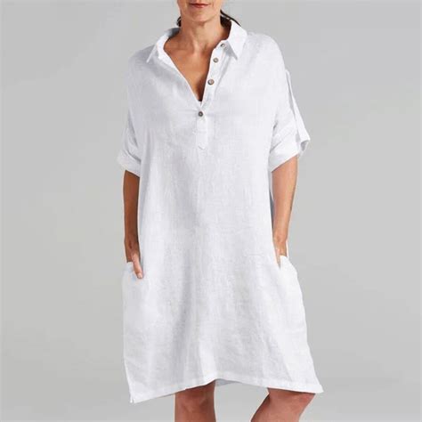 Women Summer White Dress Casual Short Sleeve Dresses V Neck Linen Party