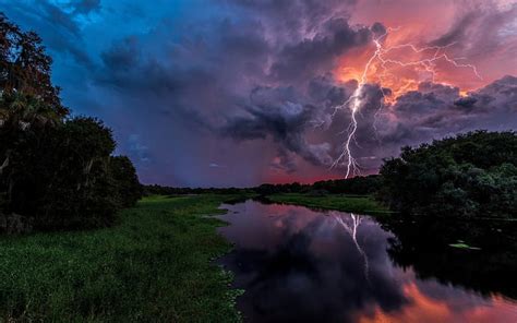 1080p Free Download Lightning Storm Over Field Storms Trees Sky