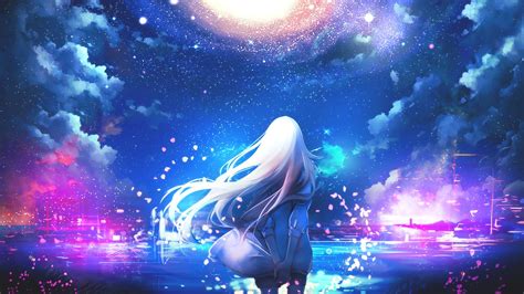 Wallpaper Long Hair White Hair Anime Girls Sky Stars Clouds