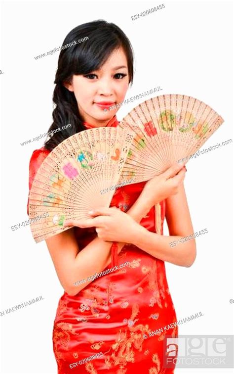 Pretty Women With Chinese Traditional Dress Cheongsam And Hole C Stock