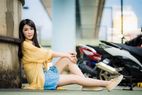 4k asian brunette girl sitting legs skirt formal shirt glance bokeh hd wallpaper