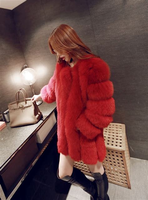 Women Faux Fur Red Coat Jacket Fur Outfit Fluffy Hairy Fur Artificial