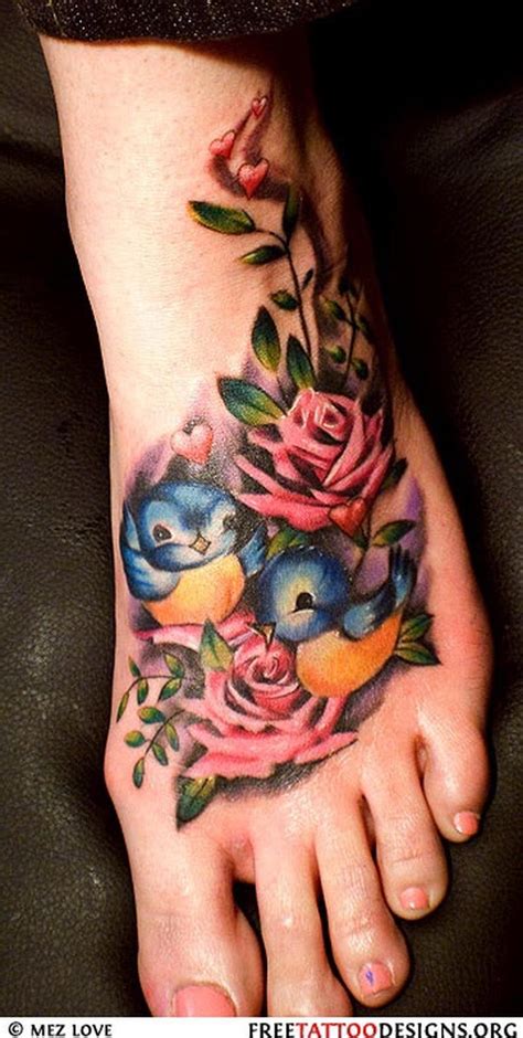 Wonderful Birds With Rose Flowers Tattoo On Foot