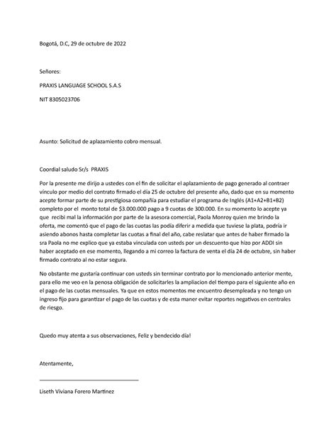 Carta De Solicitud Aplazamiento De Pago Bogotá D 29 De Octubre De