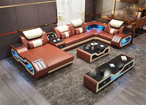 New Music Player Usb Lights Living Room Sofa Set Real Leather Sofa