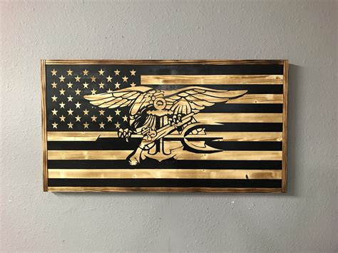 Navy Seal Flag With Border American Flag Wood Flag Trident Wood
