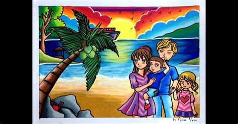 Menggambar Tema Liburan Bersama Keluarga Watercolor Illustration Cara