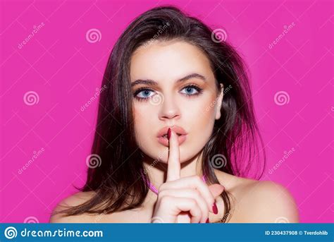 Woman Face Finger On Her Lips Silence Gesture Portrait Of Sensual Young Female Model Stock