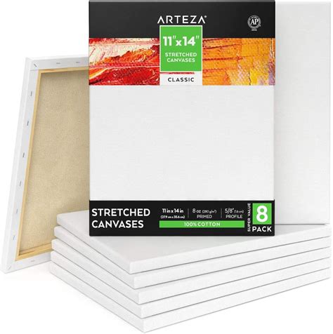 Arteza Stretched Canvas Classic White 11 X14 Blank Canvas Boards