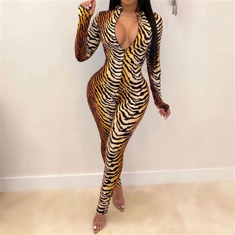 Tiger Pattern Print Jumpsuits Bodycon Long Sleeve V Neck Skinny Rompers