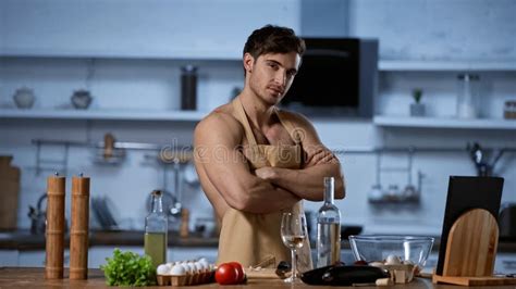 Shirtless Man In Apron Posing With Stock Image Image Of Muscular Vegetables 240525475