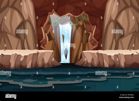 Beautiful Waterfall Cave Landscape Illustration Stock Vector Image