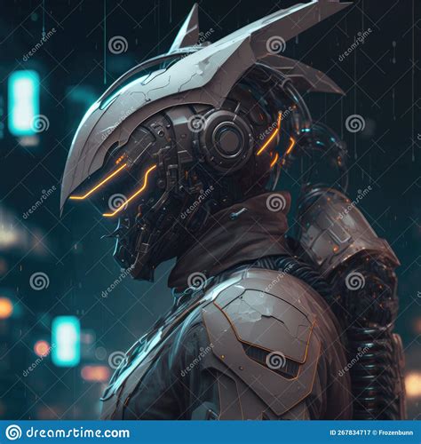 Future Man In Futuristic Helmet Cyberpunk Sci Fi Art Stock