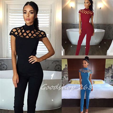 Fashion Womens Choker High Neck Caged Sleeve Playsuits Long Jumpsuits