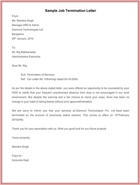 Free Employment Termination Letter Samples And Templates Wordlayouts