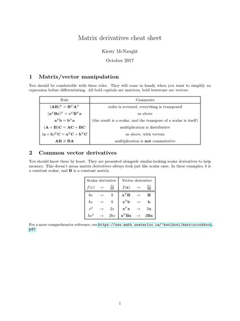 Matrix Derivatives Cheat Sheet Pdf