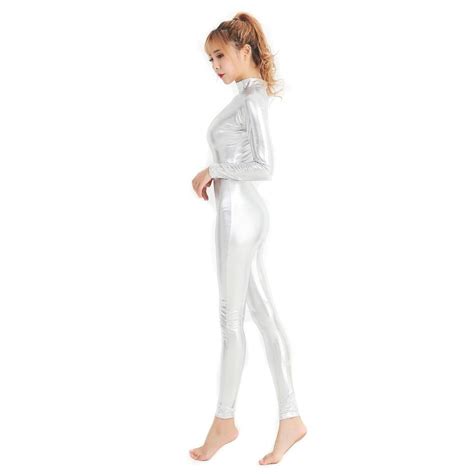 Women Silver Metallic Catsuits Long Sleeve Unitards Full Body Zentai L