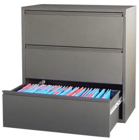 A lateral file cabinet (10) includes an enclosure (11) defined by top and bottom walls (17, 14) and first and second side walls (15, 16) which are spaced apart to define a hollow interior. Can-Am File Cabinets / Lateral Filing Cabinets / Desks ...